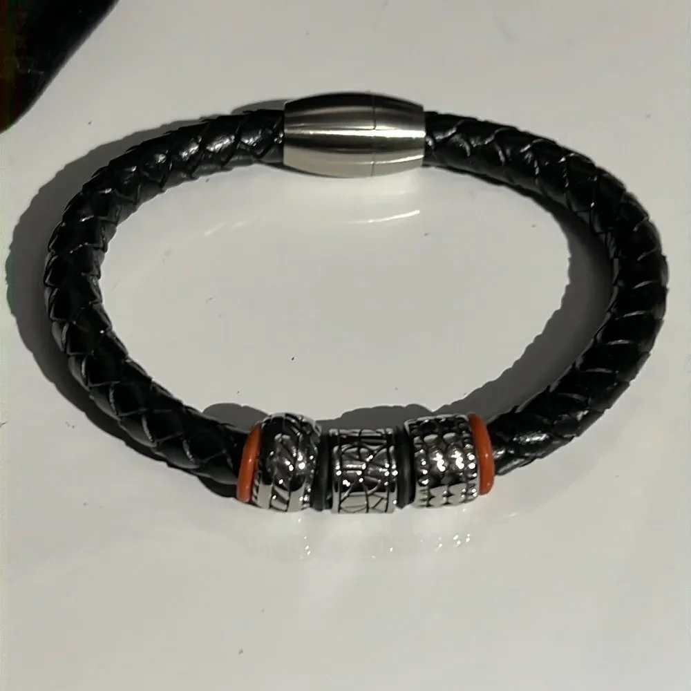 Braided Leather Bracelet Silver Tone & Red | Magnet Clasp